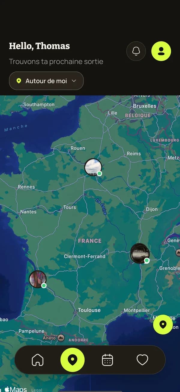 Écran de GOSO : carte des sorties autour de soi