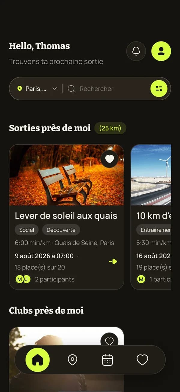 Écran de GOSO : accueil avec les sorties près de soi