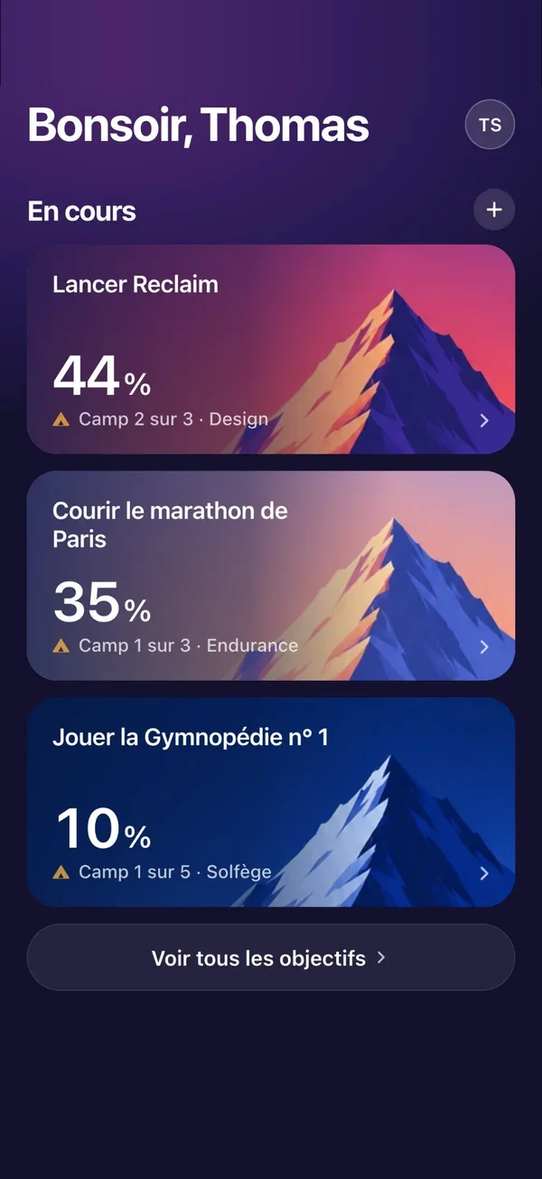 Écran d'accueil de Reclaim : trois objectifs en cours, dont « Lancer Reclaim » à 44 %