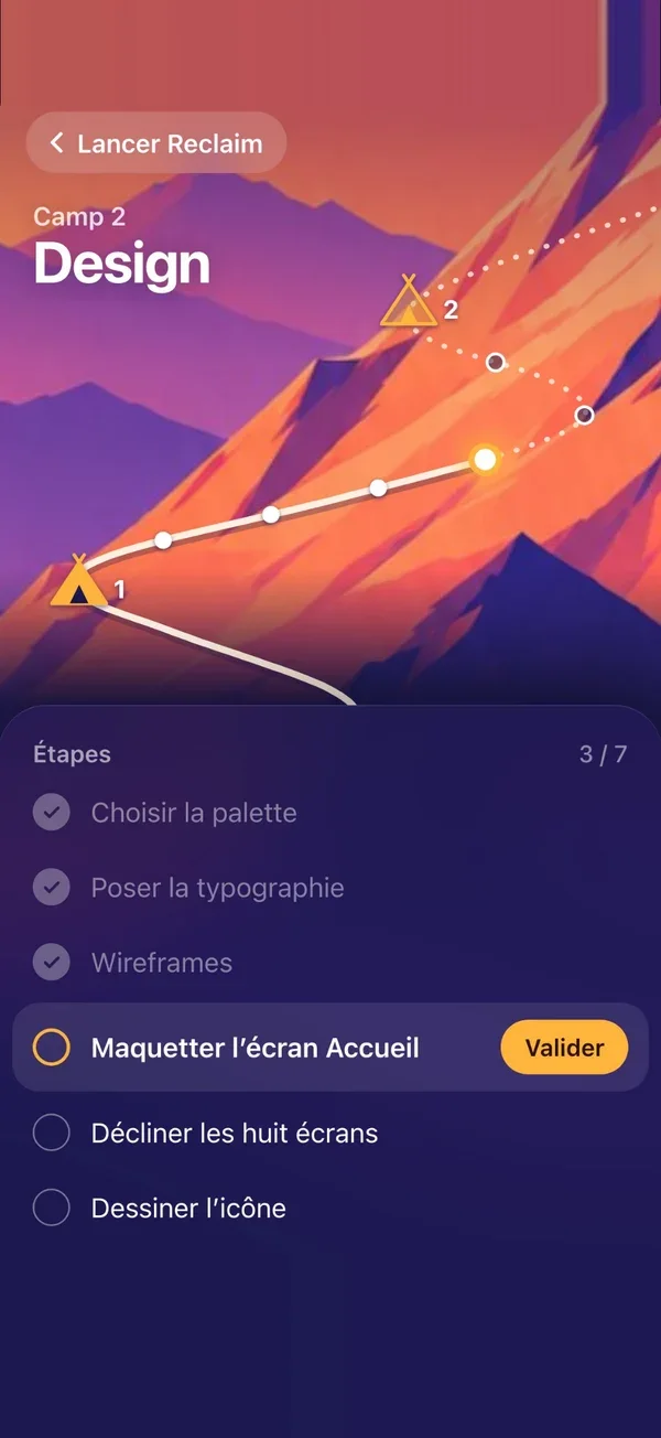 Écran Camp de Reclaim : les étapes du camp Design, la prochaine à valider